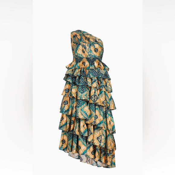 SOLD Ulla Johnson Auryn One-Shoulder Tiered Silk Gown-Midi in Constellation - Picture 3 of 11